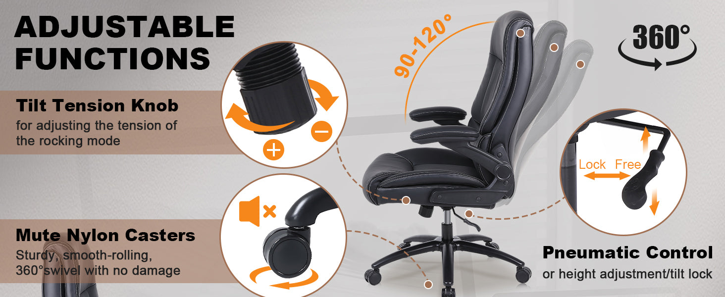 Executive Office Chair, Desk Chair with Flip-up Armrests, 200KG Computer Chairs for Heavy People, PU Leather Office Chairs