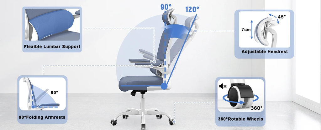 naspaluro Ergonomic Office Chair with Lumbar Support, Home Office Desk Computer Chairs Adjustable Headrest and Flip-up Armrests