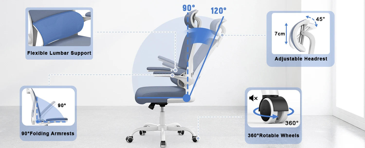 naspaluro Ergonomic Office Chair with Lumbar Support, Home Office Desk Computer Chairs Adjustable Headrest and Flip-up Armrests