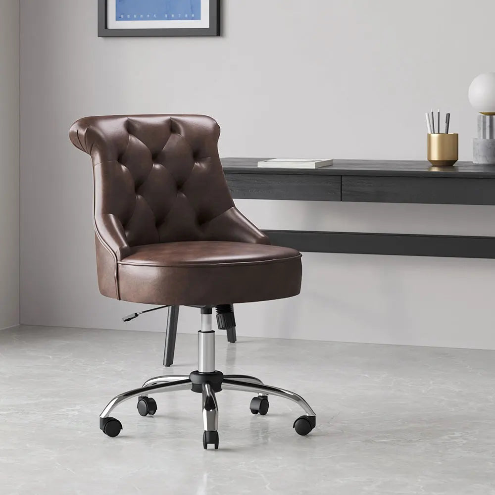 Voltsify Brown Mid-Back PU Leather Buttoned Swivel Office Chair
