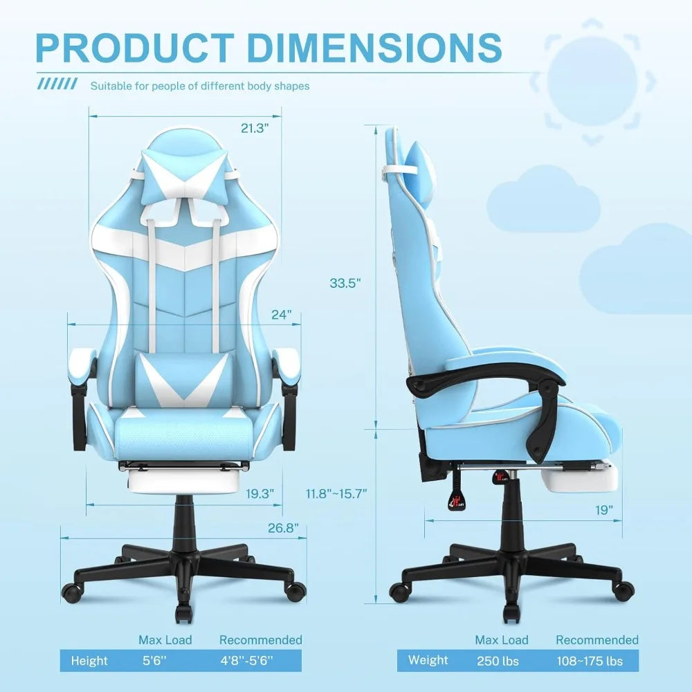 Light Blue Gaming Chair with Footrest, Cute Bunny Computer Gamer Chair