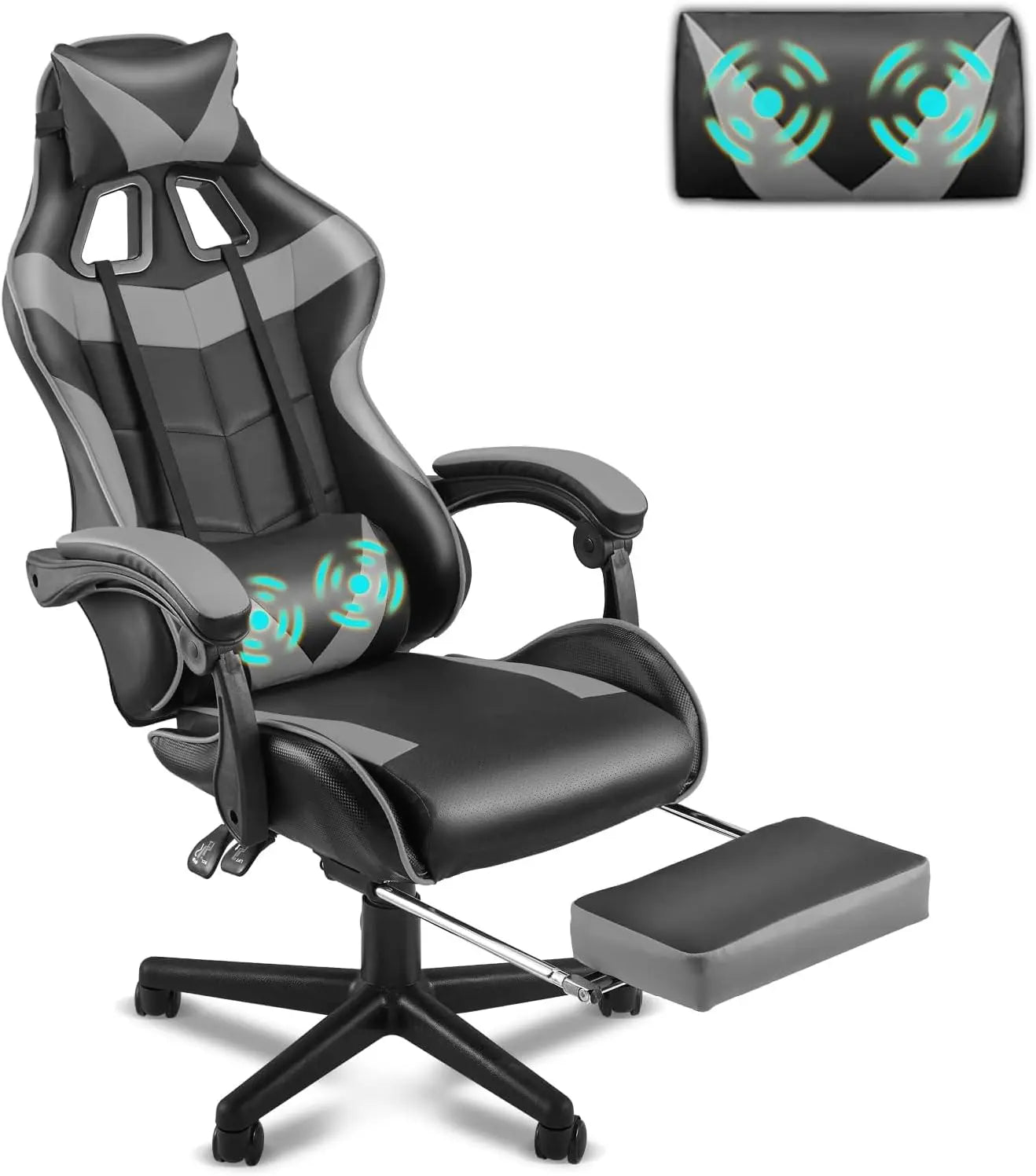 Light Blue Gaming Chair with Footrest, Cute Bunny Computer Gamer Chair