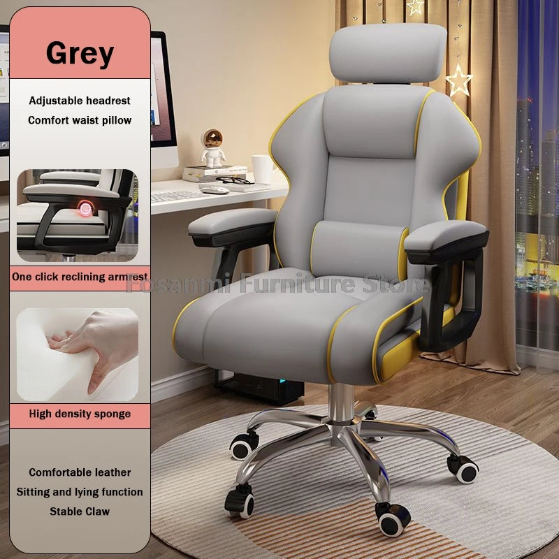 Ergonomic Soft Leather Gamer Desk Chair for Home Adjustable Gaming Chair with Headrest Modern Lumbar Support Office Swivel Chair