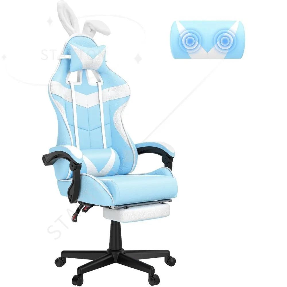 Light Blue Gaming Chair with Footrest, Cute Bunny Computer Gamer Chair