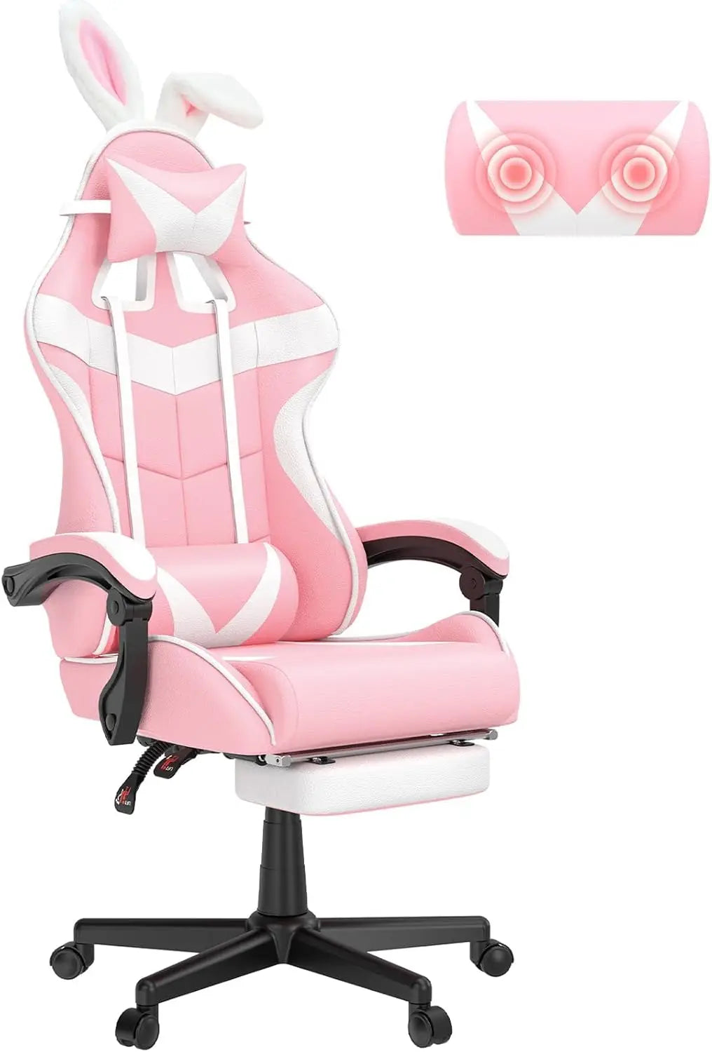 Light Blue Gaming Chair with Footrest, Cute Bunny Computer Gamer Chair