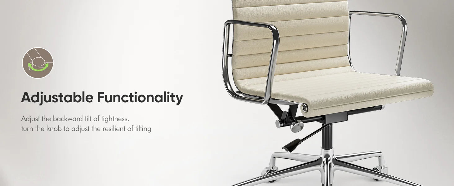 White Mid Back Genuine Leather Swivel Chairs Ergonomic Office Chair Adjustable Swivel Leather Gaming Chair Ribbed Office Chair