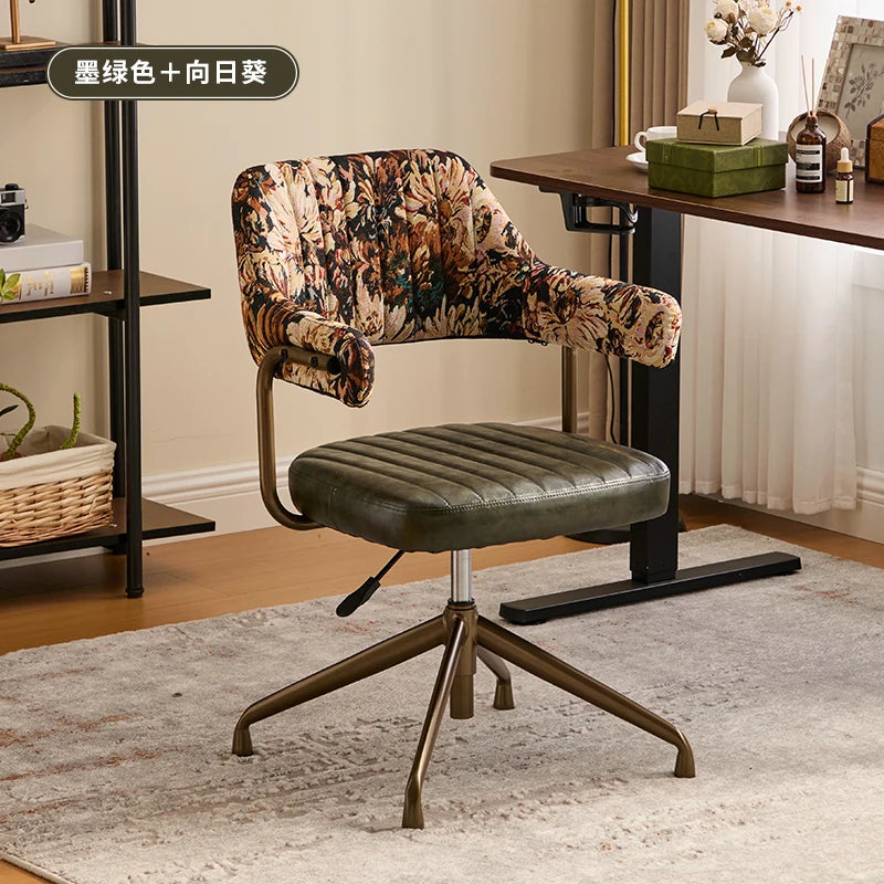Brown Leather & Patterned Fabric Office Chair, Wheeled Adjustable Swivel Chair, Retro Style Home Office Desk Chair with Armrests