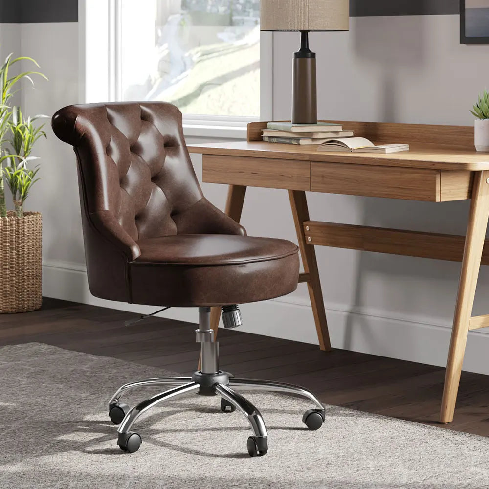Voltsify Brown Mid-Back PU Leather Buttoned Swivel Office Chair