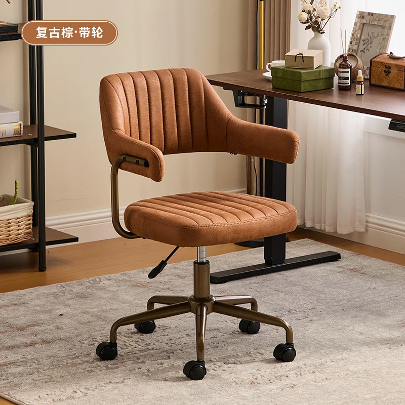 Brown Leather & Patterned Fabric Office Chair, Wheeled Adjustable Swivel Chair, Retro Style Home Office Desk Chair with Armrests