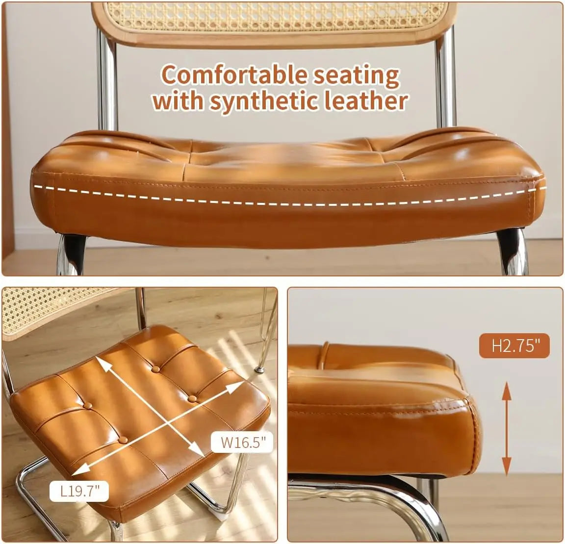 Faux Leather Rattan Side Accent Chairs with Chrome Legs,Modern Mid Century Designed Chairs for Dining,Living Room,Kitchen Chairs