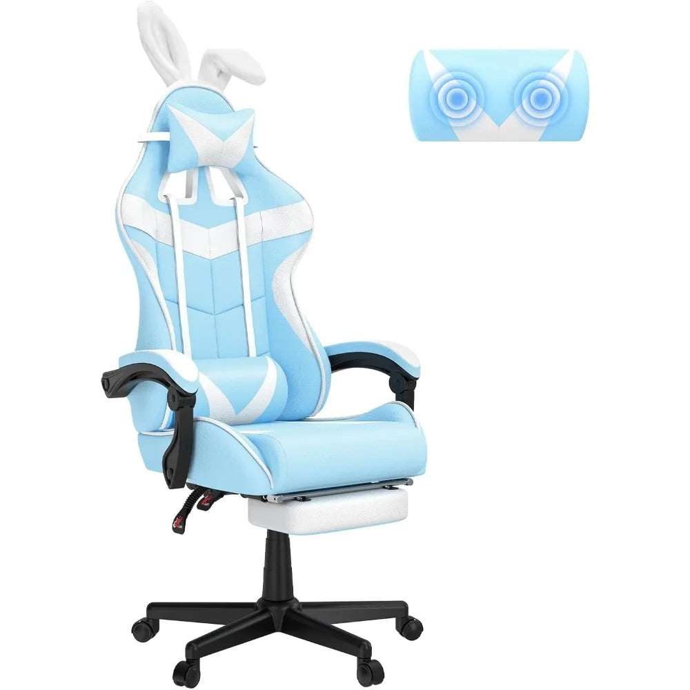 Light Blue Gaming Chair with Footrest, Cute Bunny Computer Gamer Chair
