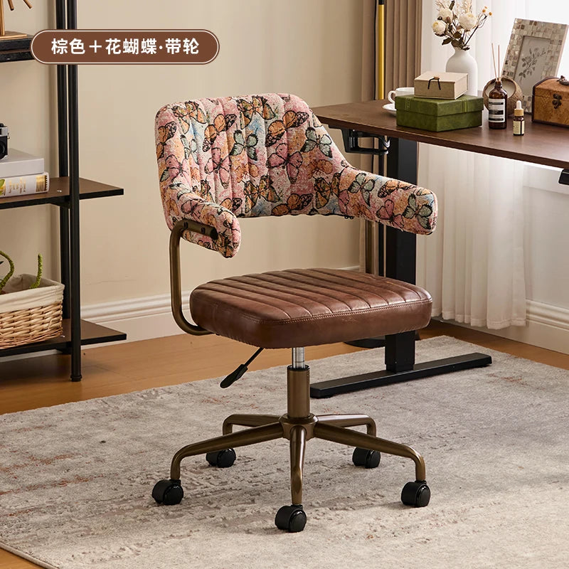 Brown Leather & Patterned Fabric Office Chair, Wheeled Adjustable Swivel Chair, Retro Style Home Office Desk Chair with Armrests