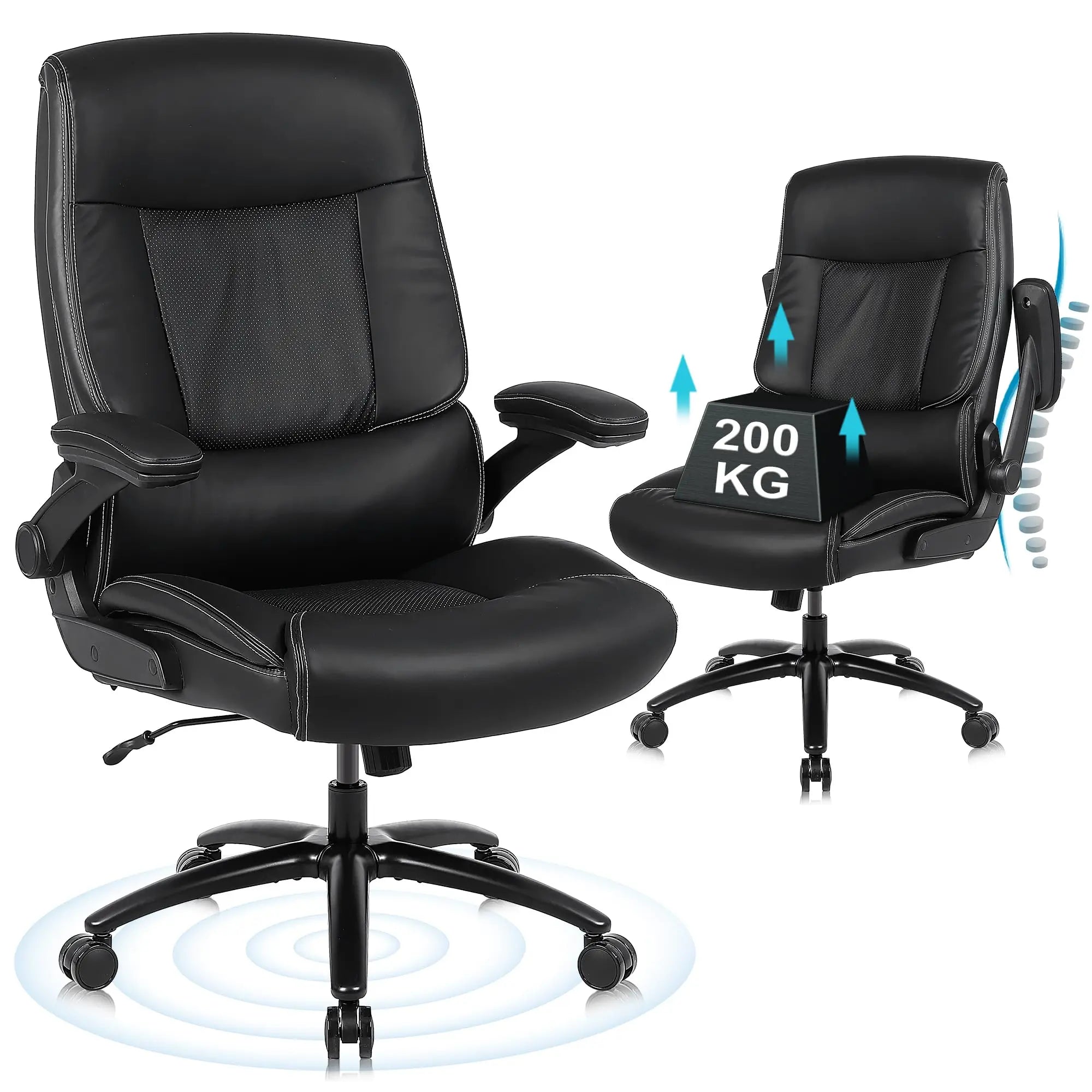 Executive Office Chair, Desk Chair with Flip-up Armrests, 200KG Computer Chairs for Heavy People, PU Leather Office Chairs