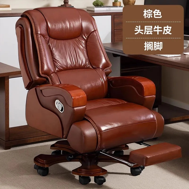 Real leather reclining boss chair, high-end office business class chair, comfortable sitting massage office seat Game