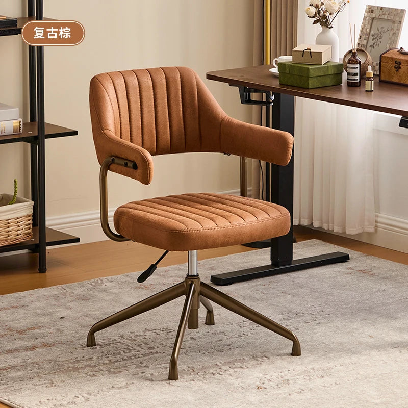 Brown Leather & Patterned Fabric Office Chair, Wheeled Adjustable Swivel Chair, Retro Style Home Office Desk Chair with Armrests
