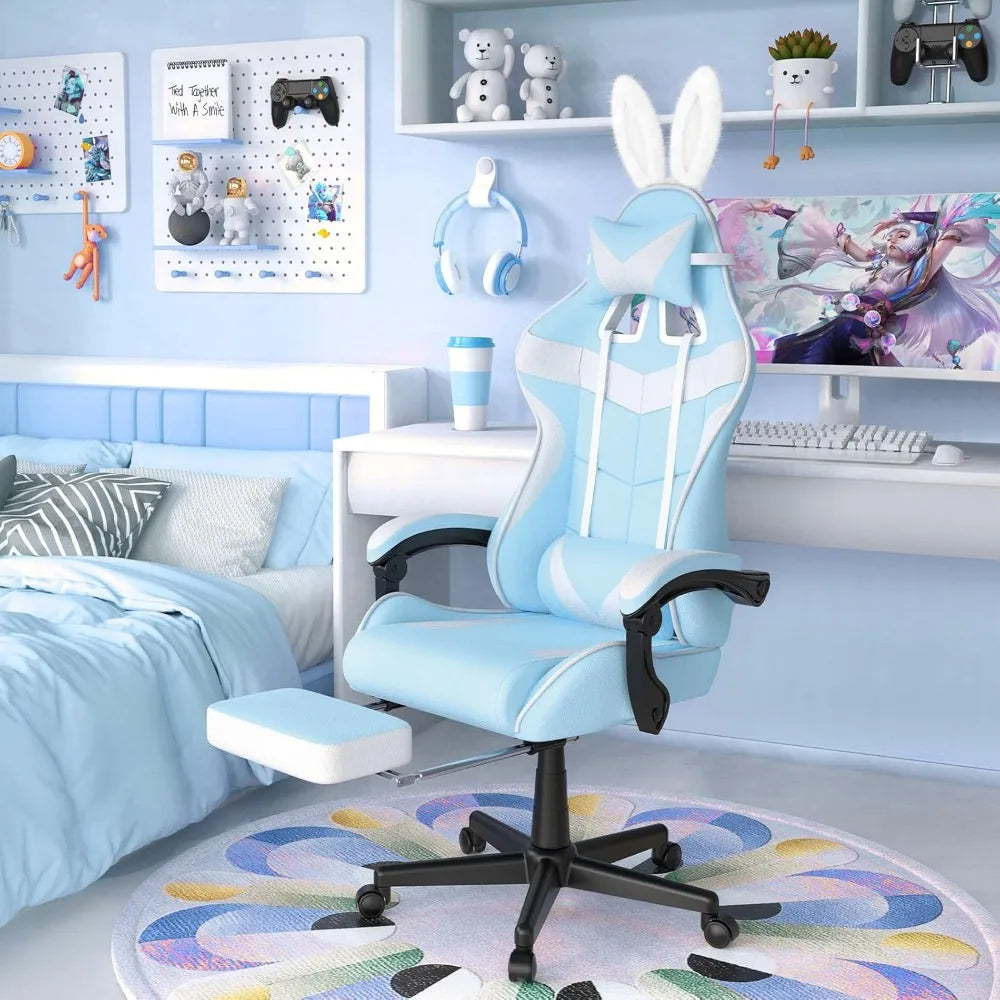 Light Blue Gaming Chair with Footrest, Cute Bunny Computer Gamer Chair
