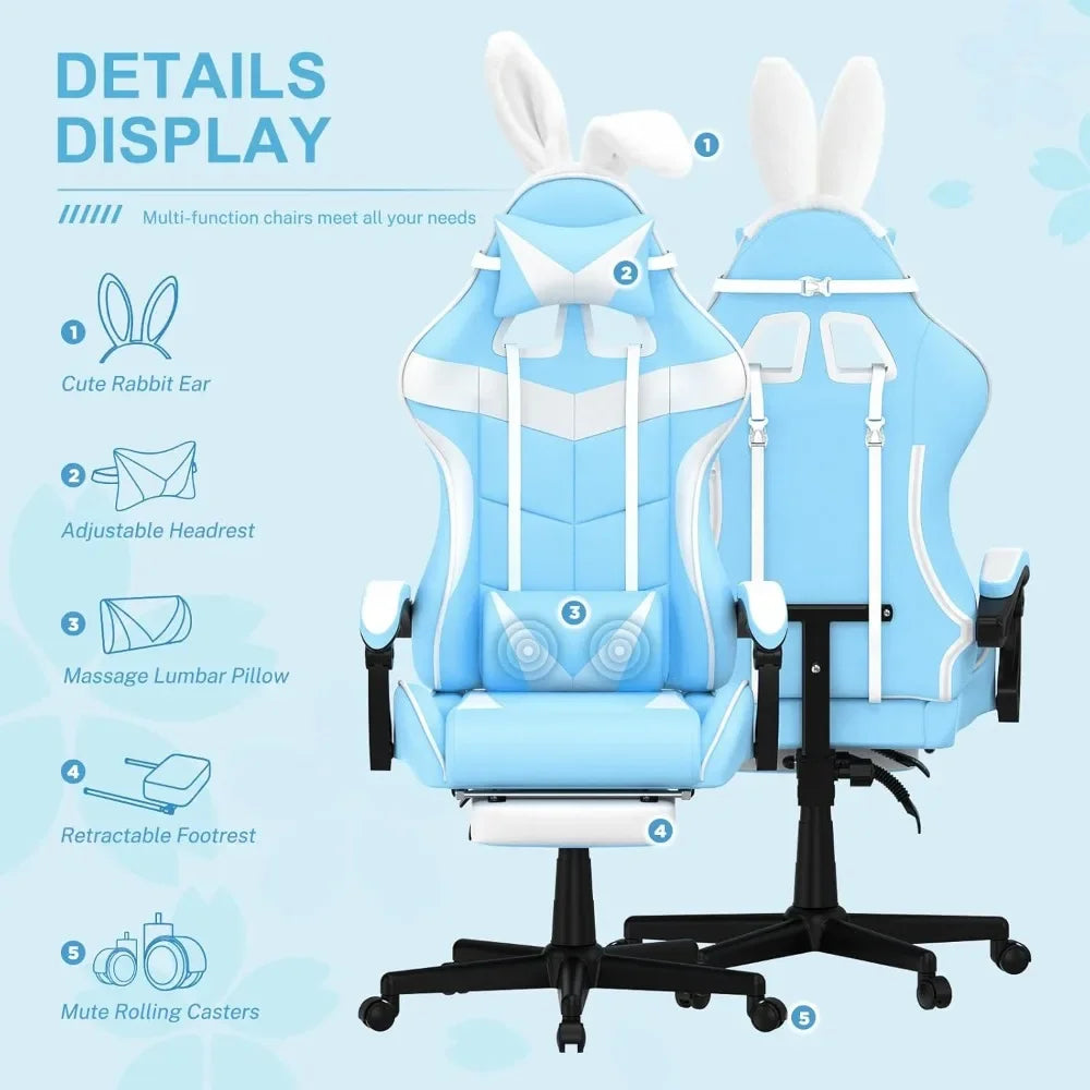 Light Blue Gaming Chair with Footrest, Cute Bunny Computer Gamer Chair