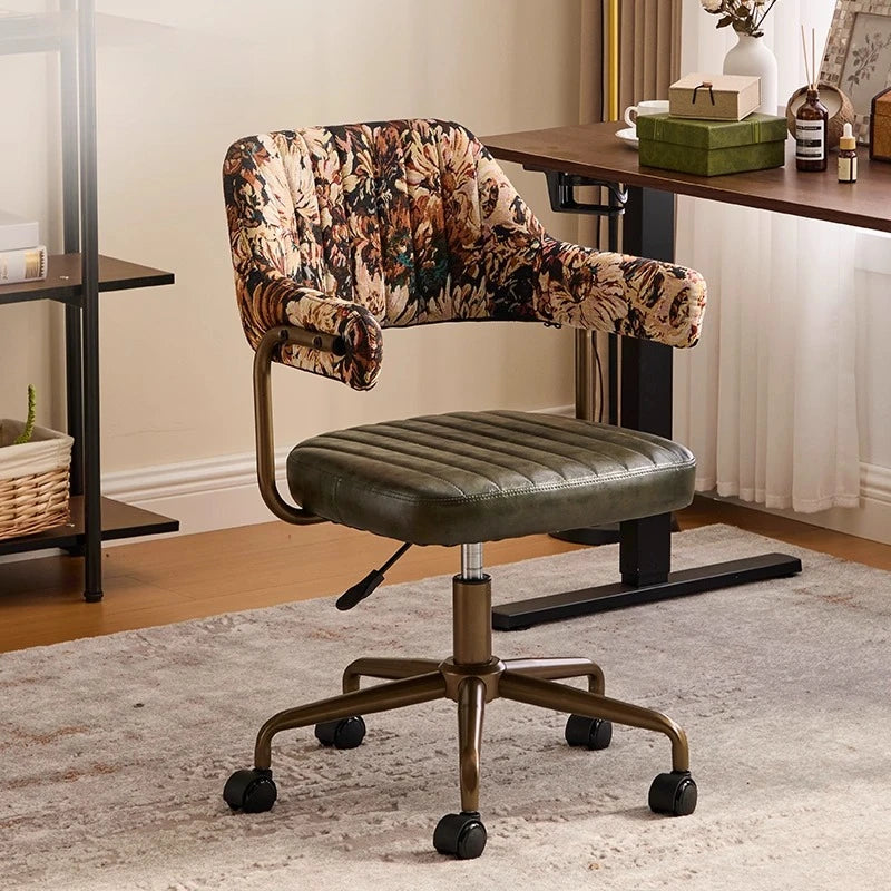 Brown Leather & Patterned Fabric Office Chair, Wheeled Adjustable Swivel Chair, Retro Style Home Office Desk Chair with Armrests