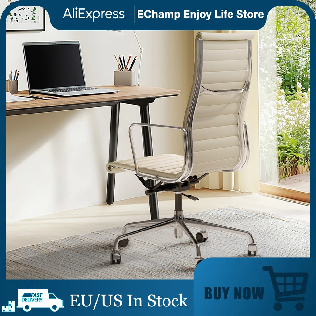 White Mid Back Genuine Leather Swivel Chairs Ergonomic Office Chair Adjustable Swivel Leather Gaming Chair Ribbed Office Chair