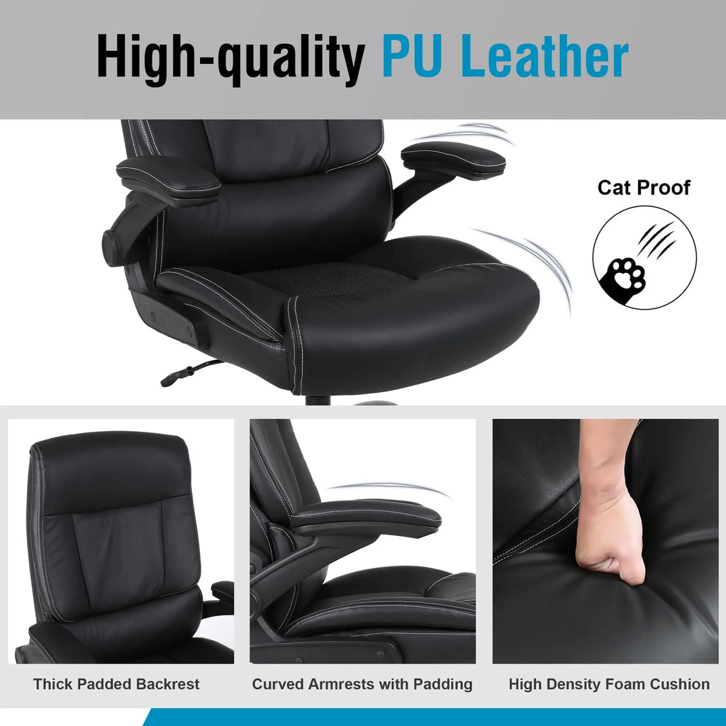 Executive Office Chair, Desk Chair with Flip-up Armrests, 200KG Computer Chairs for Heavy People, PU Leather Office Chairs