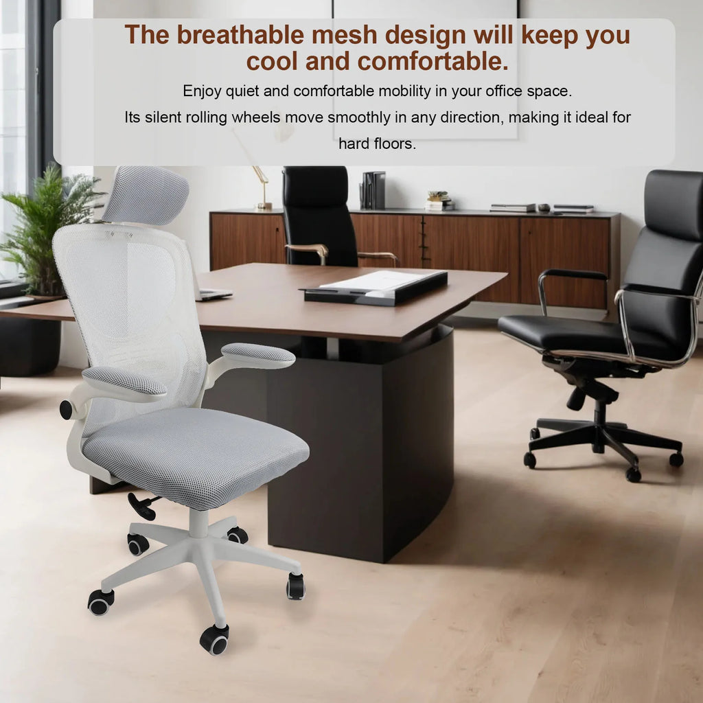 Computer Desk Chair 330.7lb Load Capacity 90 Degree Rotating Armrests Breathable  Chair with 5 Wheels for Home