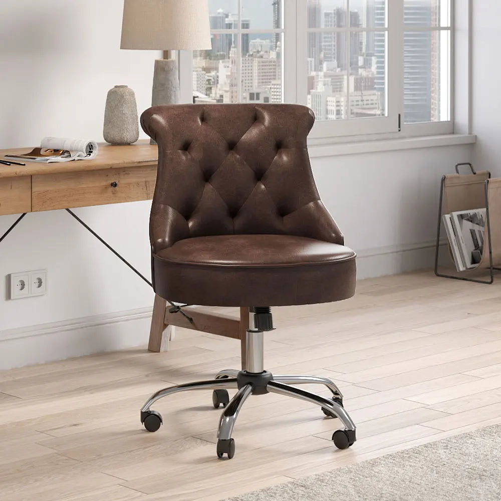 Voltsify Brown Mid-Back PU Leather Buttoned Swivel Office Chair