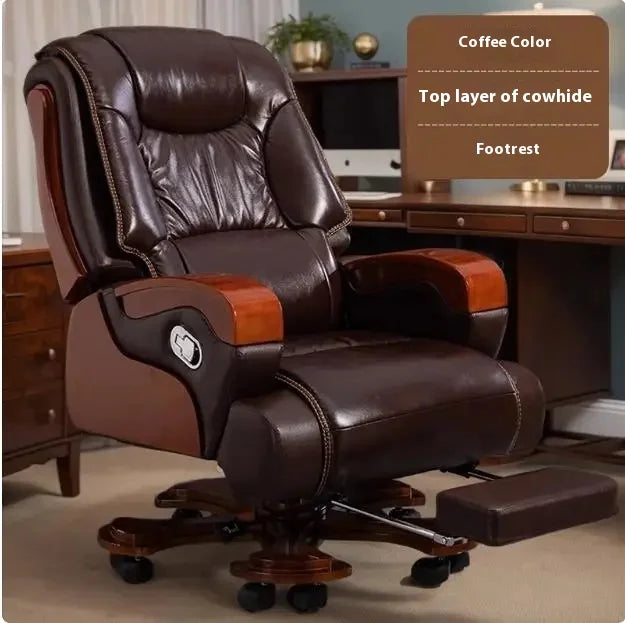 Real leather reclining boss chair, high-end office business class chair, comfortable sitting massage office seat Game