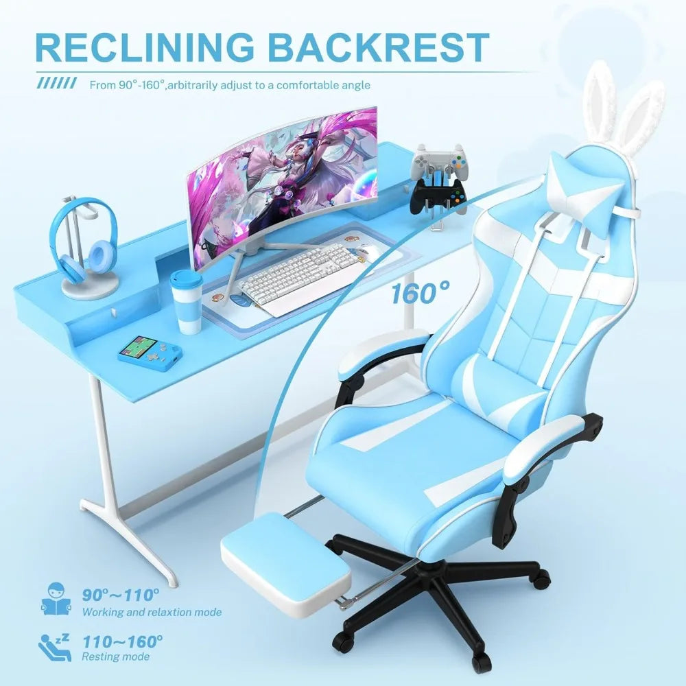 Light Blue Gaming Chair with Footrest, Cute Bunny Computer Gamer Chair