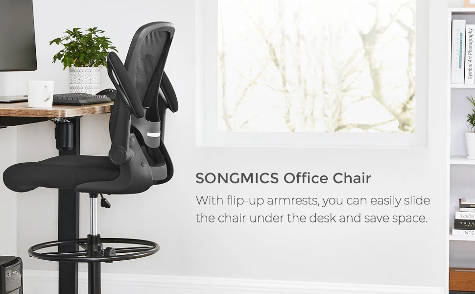SONGMICS Drafting Chair with Flip-up Armrests, Mesh Office Chair, Ergonomic Painting Chair
