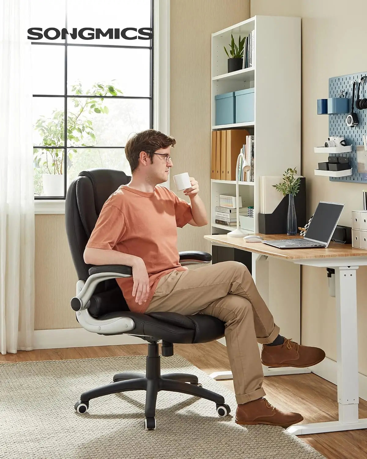 SONGMICS Office Swivel Chair with 76 cm High Back Large Seat and Flip-Up Armrest Computer Desk Executive Chair PU