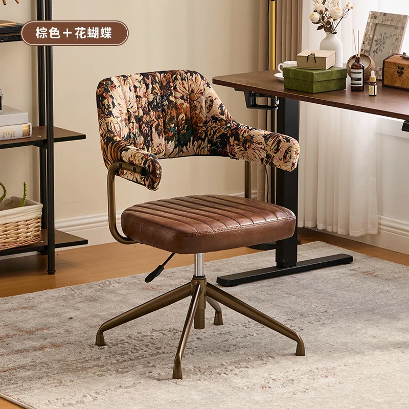 Brown Leather & Patterned Fabric Office Chair, Wheeled Adjustable Swivel Chair, Retro Style Home Office Desk Chair with Armrests