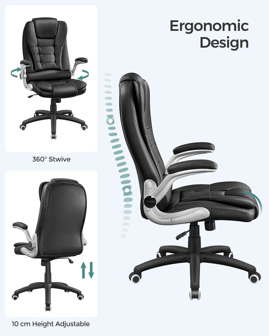 SONGMICS Office Swivel Chair with 76 cm High Back Large Seat and Flip-Up Armrest Computer Desk Executive Chair PU