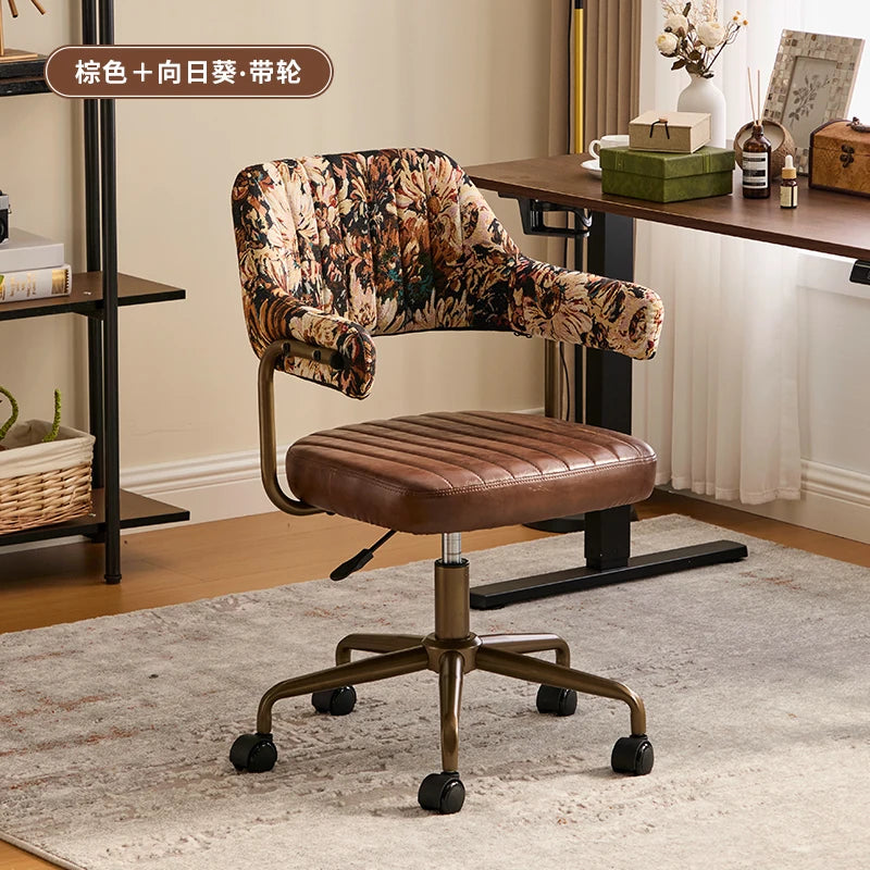 Brown Leather & Patterned Fabric Office Chair, Wheeled Adjustable Swivel Chair, Retro Style Home Office Desk Chair with Armrests