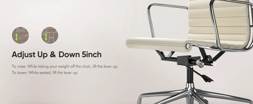 White Mid Back Genuine Leather Swivel Chairs Ergonomic Office Chair Adjustable Swivel Leather Gaming Chair Ribbed Office Chair