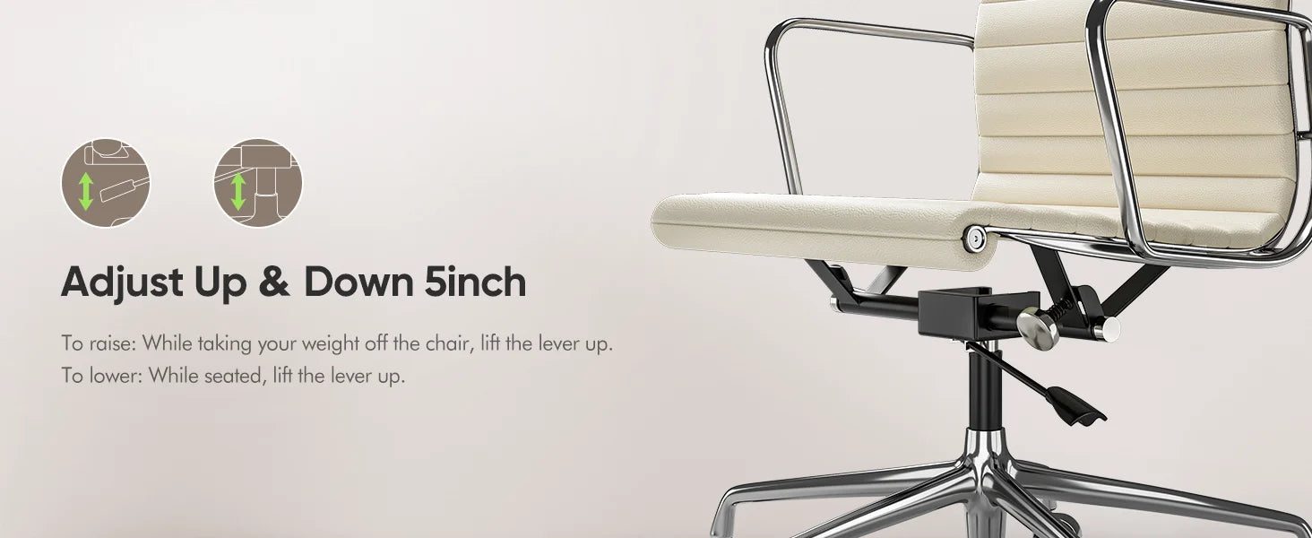 White Mid Back Genuine Leather Swivel Chairs Ergonomic Office Chair Adjustable Swivel Leather Gaming Chair Ribbed Office Chair