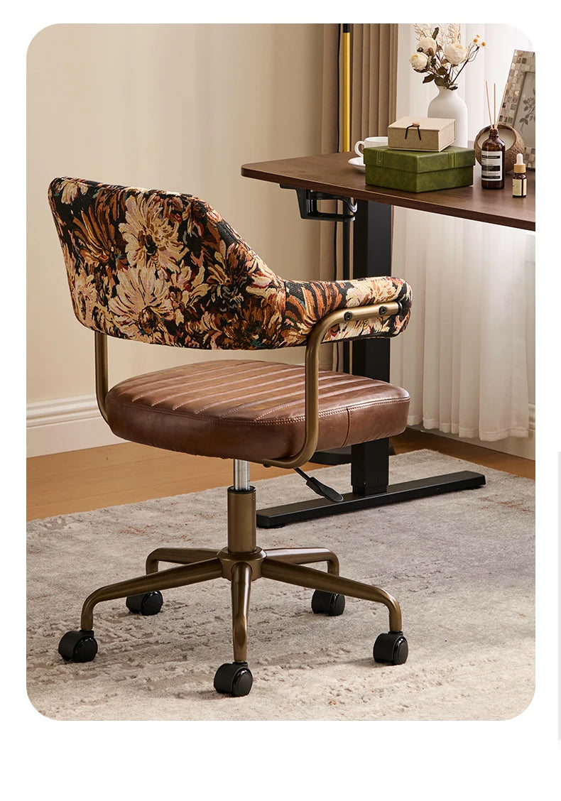 Brown Leather & Patterned Fabric Office Chair, Wheeled Adjustable Swivel Chair, Retro Style Home Office Desk Chair with Armrests