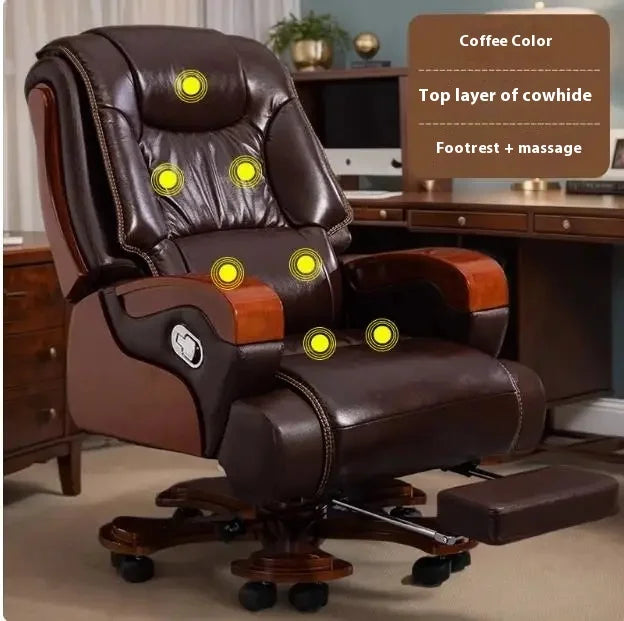 Real leather reclining boss chair, high-end office business class chair, comfortable sitting massage office seat Game