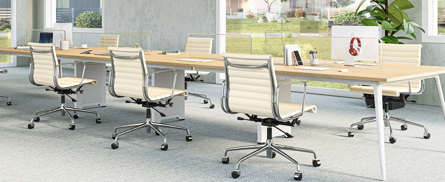 White Mid Back Genuine Leather Swivel Chairs Ergonomic Office Chair Adjustable Swivel Leather Gaming Chair Ribbed Office Chair