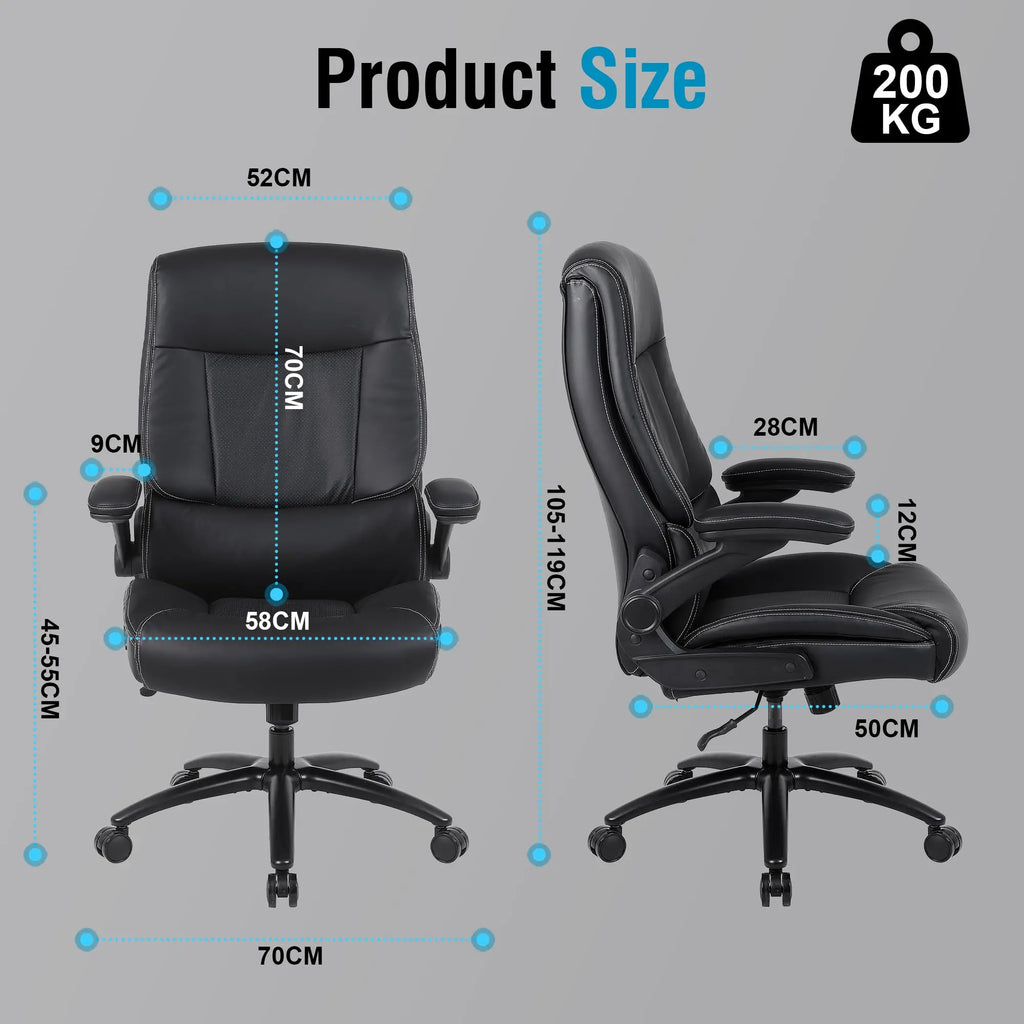 Executive Office Chair, Desk Chair with Flip-up Armrests, 200KG Computer Chairs for Heavy People, PU Leather Office Chairs
