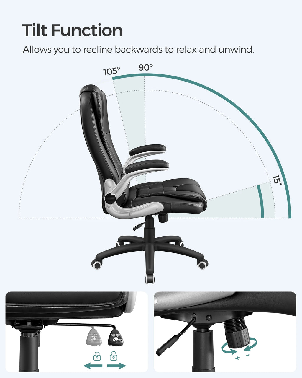 SONGMICS Office Swivel Chair with 76 cm High Back Large Seat and Flip-Up Armrest Computer Desk Executive Chair PU