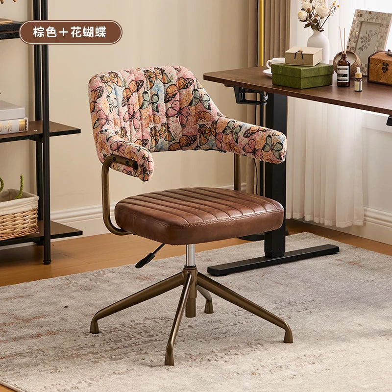 Brown Leather & Patterned Fabric Office Chair, Wheeled Adjustable Swivel Chair, Retro Style Home Office Desk Chair with Armrests