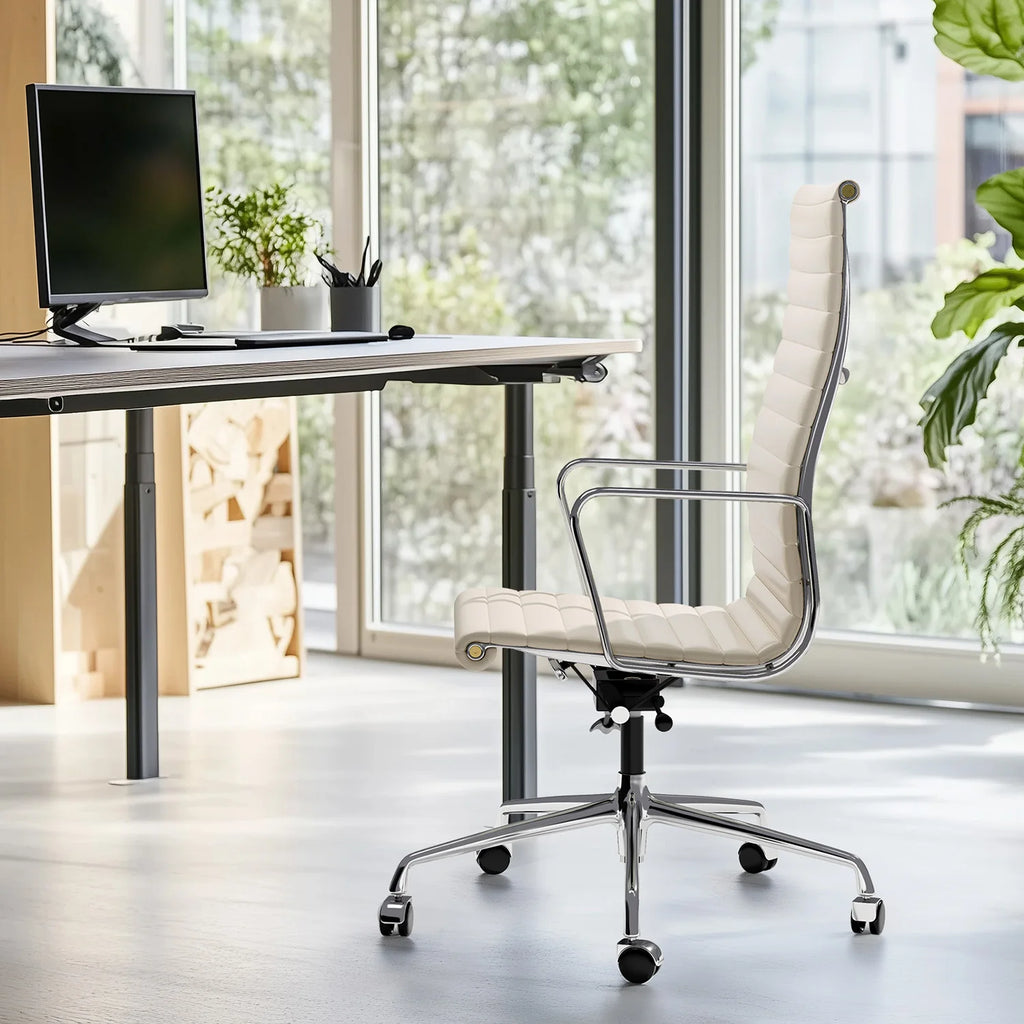 White Mid Back Genuine Leather Swivel Chairs Ergonomic Office Chair Adjustable Swivel Leather Gaming Chair Ribbed Office Chair