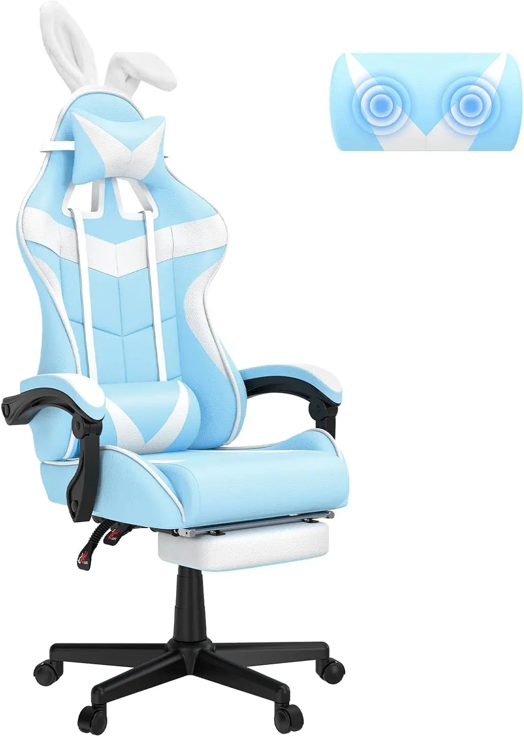 Light Blue Gaming Chair with Footrest, Cute Bunny Computer Gamer Chair
