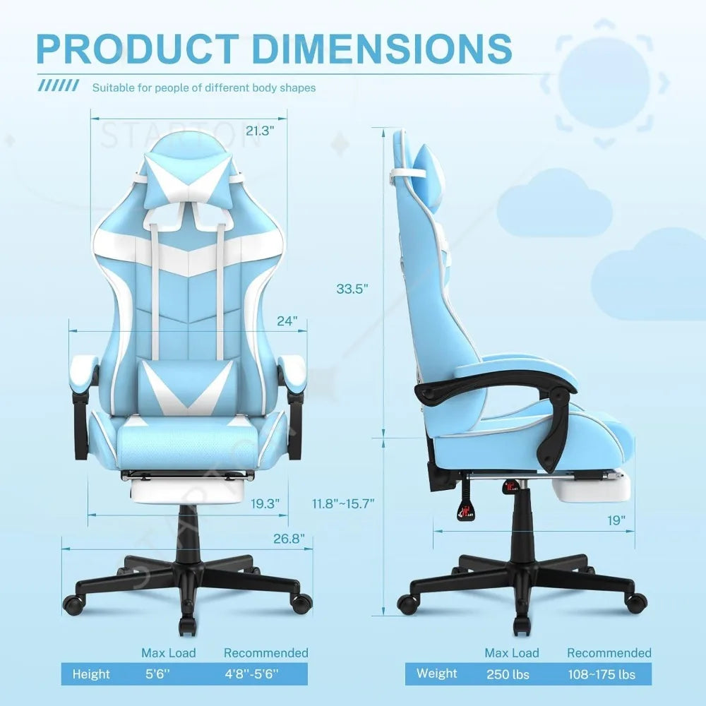 Light Blue Gaming Chair with Footrest, Cute Bunny Computer Gamer Chair