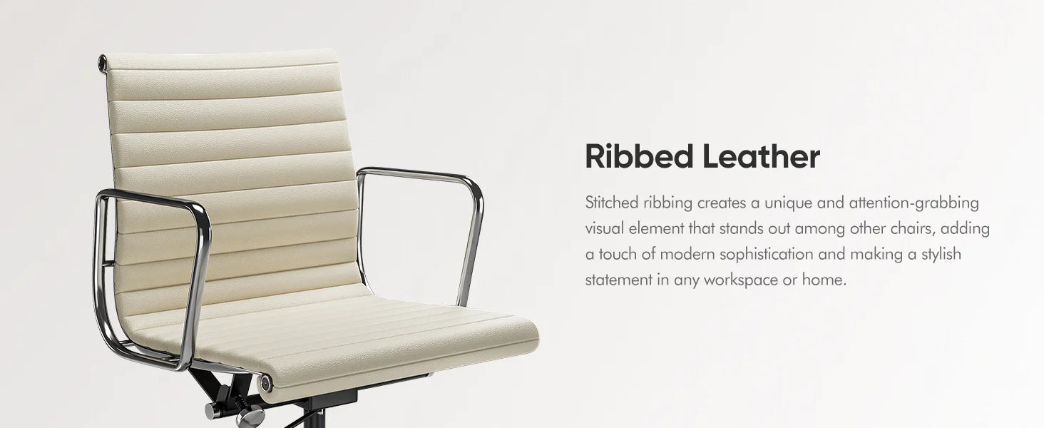 White Mid Back Genuine Leather Swivel Chairs Ergonomic Office Chair Adjustable Swivel Leather Gaming Chair Ribbed Office Chair