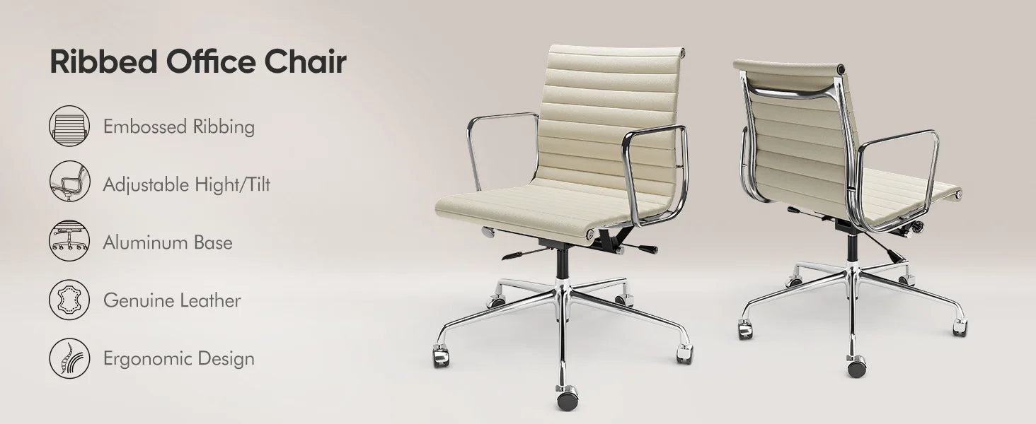 White Mid Back Genuine Leather Swivel Chairs Ergonomic Office Chair Adjustable Swivel Leather Gaming Chair Ribbed Office Chair