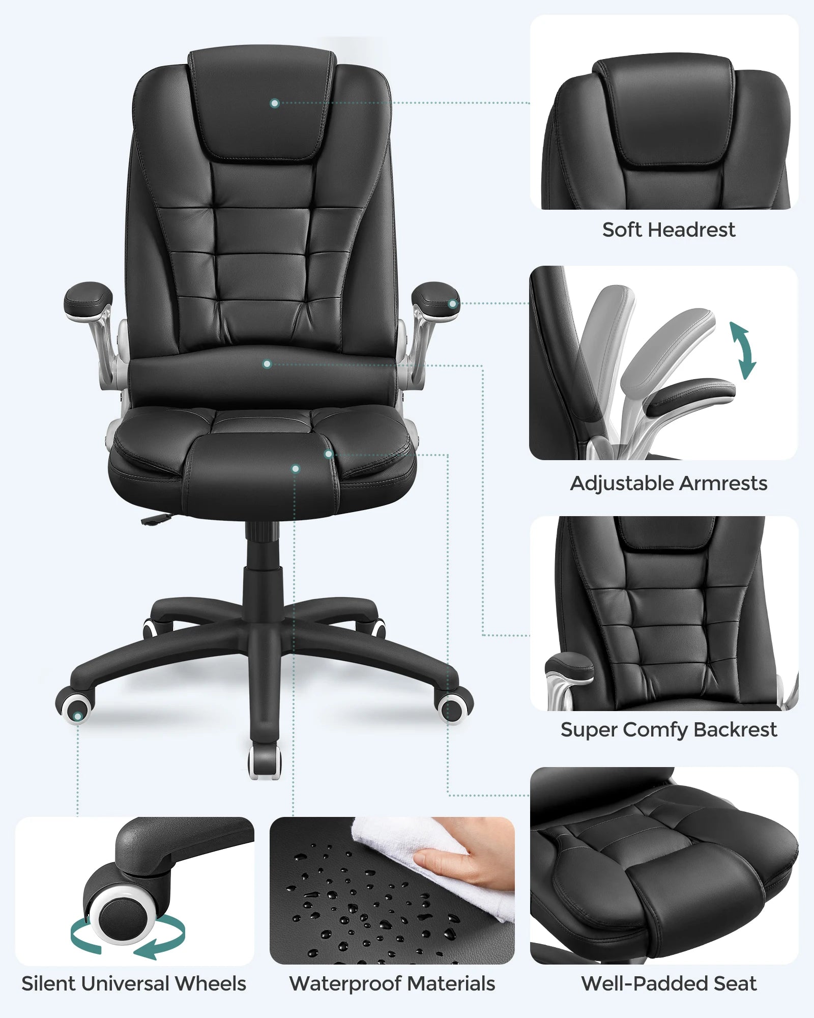 SONGMICS Office Swivel Chair with 76 cm High Back Large Seat and Flip-Up Armrest Computer Desk Executive Chair PU