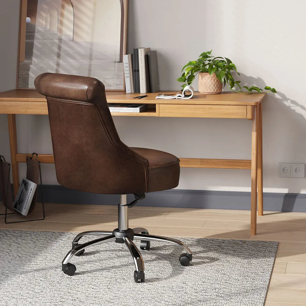 Voltsify Brown Mid-Back PU Leather Buttoned Swivel Office Chair