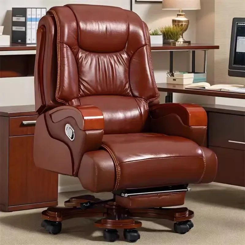Real leather reclining boss chair, high-end office business class chair, comfortable sitting massage office seat Game