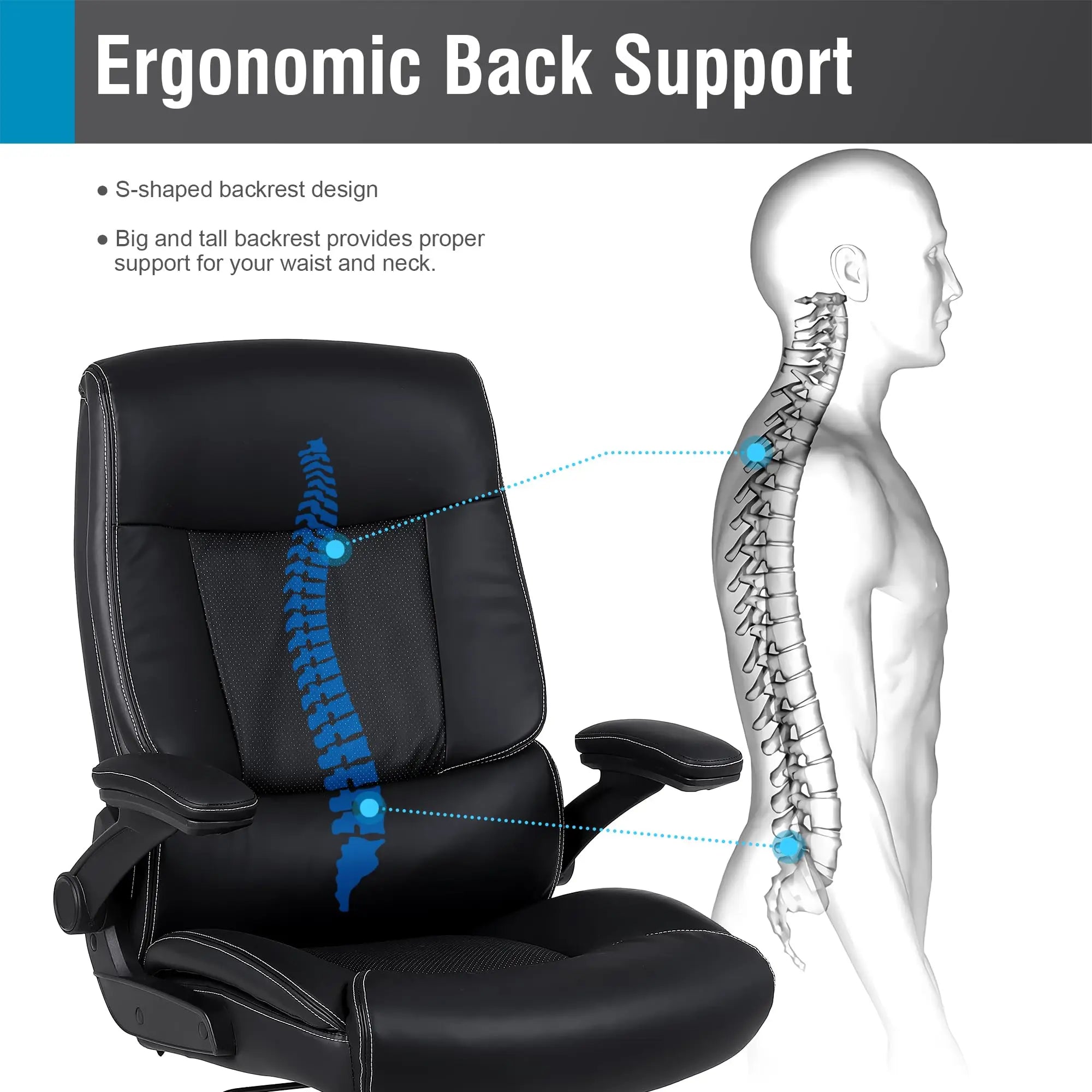 Executive Office Chair, Desk Chair with Flip-up Armrests, 200KG Computer Chairs for Heavy People, PU Leather Office Chairs